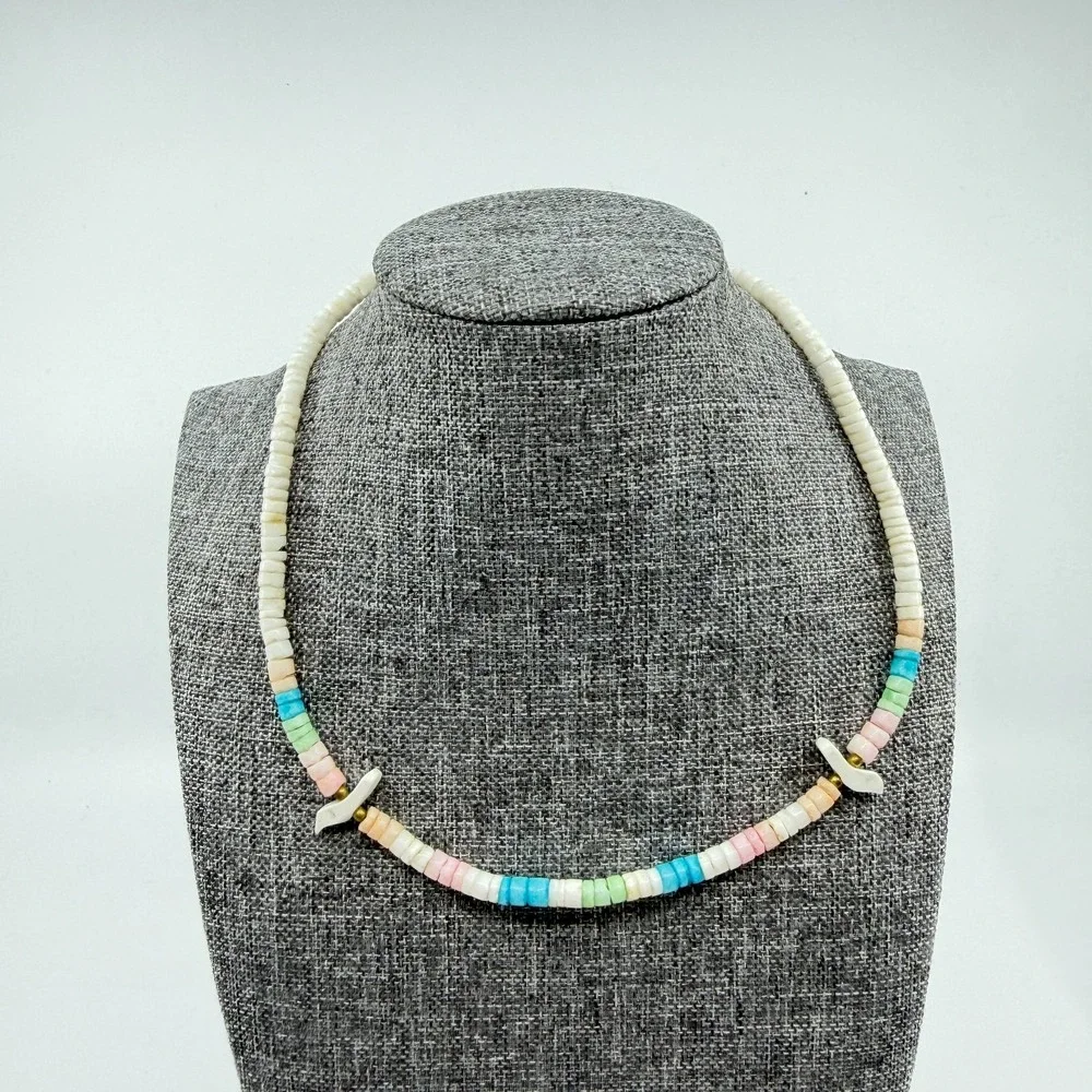Pastel Heishi Bead Bird Necklace White Blue Pink Boho Coastal Statement Gift